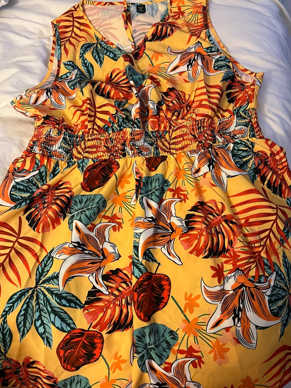 SHEIN Yellow Tropical Floral Smocked Tank Top